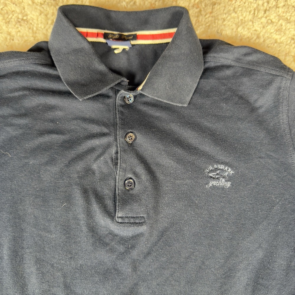 Paul & Shark Yachting Polo Shirt Size Medium Navy Blue Short Sleeve Shark Logo‎